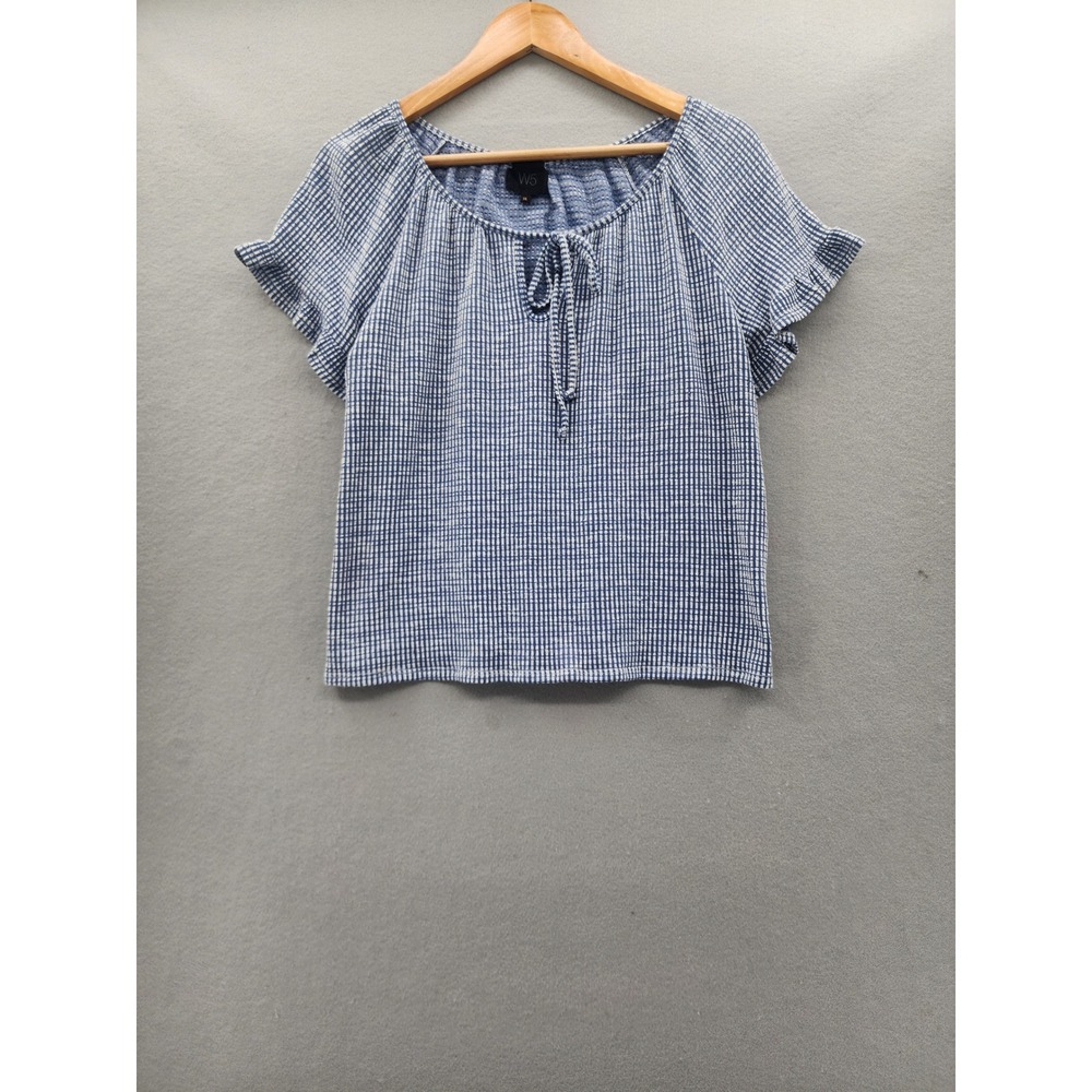 W5 Blue‎ White Gingham Check Ruffle Sleeve Keyhole Tie Top Blouse XL Cottagecore